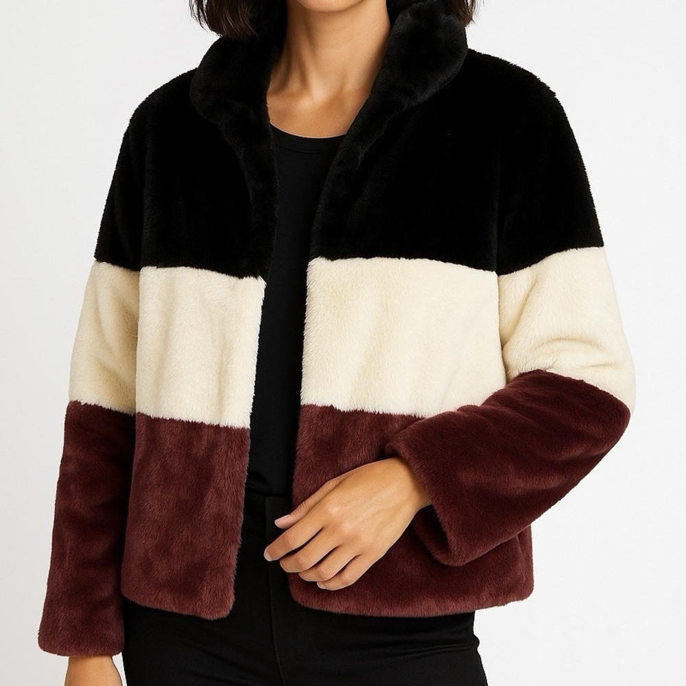 NEAR & DEAR Faux Fur Colorblock Jacket sz L Black Cream Burgundy Plush Soft Coat